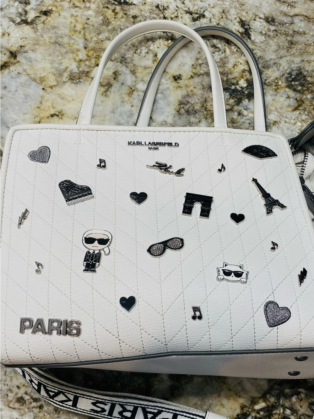 Karl Lagerfeld White Quilted Embellished Shoulder Bag